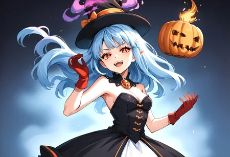 (masterpiece), (score_9, score_8_up, score_7_up,source_anime), 4K8K,
(from side), misty, steam, fog, Floating Halloween pumpkins,
halloween, halloween fantasy, (jakkRo),
(pumpkinhead woman, Pumpkinhead:1.3), (solo), blue flame, burning pumpkin, (dark aura:1.4), (smirk, half-opened mouth, Canine, tooth, fang1.2),
(medium figure:0.9), (pointy breasts:1.1),
(shining cat's eyes),
(wearing vampire cos, dress, makeup, red and black dress, Miniature Hats, culottes, red gloves:1.2),
(emperor's audience room, dark room:1.3), elf ears,