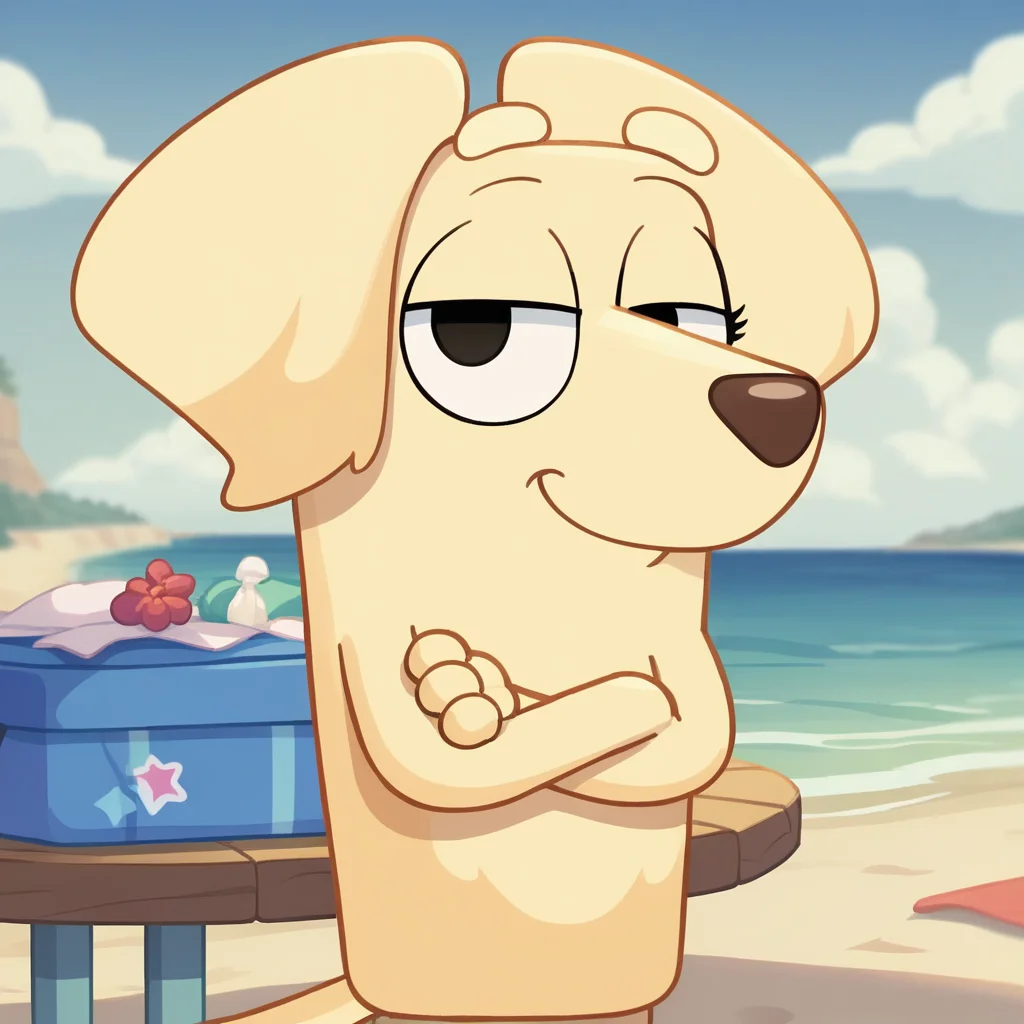 score_9, score_8_up, BREAK <lora:janelleb:1> janelleb, furry, dog, smile, crossed arms, beach,