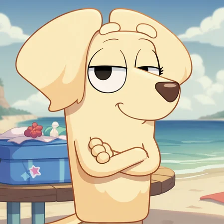 score_9, score_8_up, BREAK <lora:janelleb:1> janelleb, furry, dog, smile, crossed arms, beach,