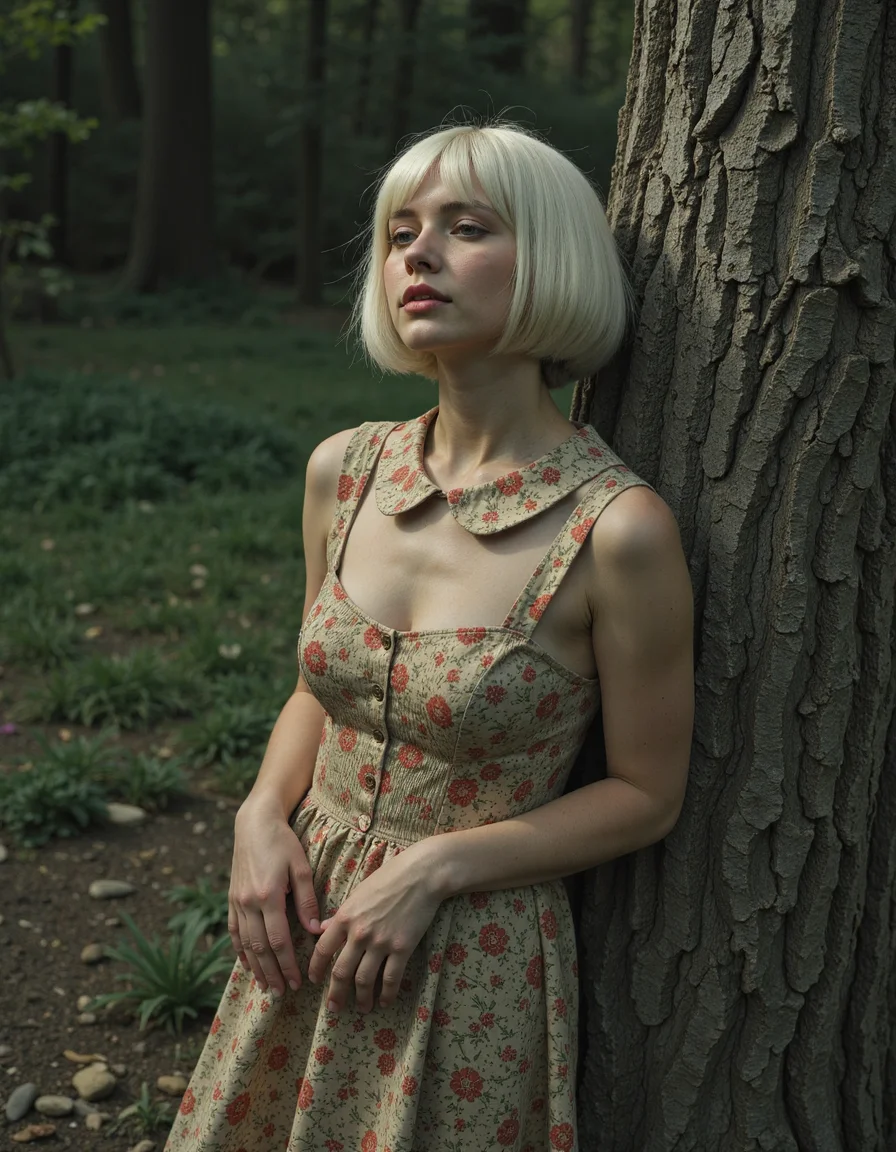 Nostalgic lighting,Ilford FP4 125,Overdetailed art Best quality ultra sharp intricate details Fine art,on a quest through mythical lands,Fashion shot,dressed in a floral tea dress with a peter pan collar and ankle-strap heels,White hair,bowl cut hair,a sad woman