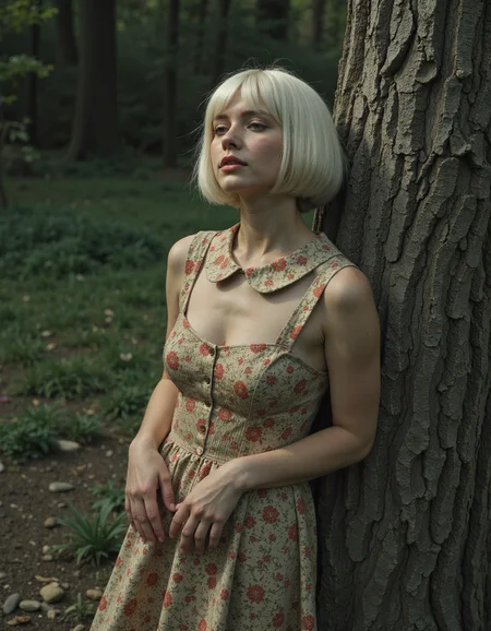 Nostalgic lighting,Ilford FP4 125,Overdetailed art Best quality ultra sharp intricate details Fine art,on a quest through mythical lands,Fashion shot,dressed in a floral tea dress with a peter pan collar and ankle-strap heels,White hair,bowl cut hair,a sad woman