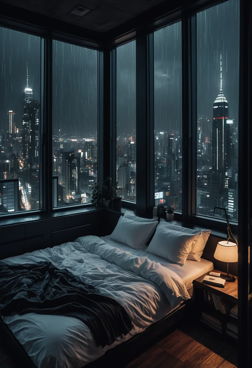 moody aesthetic, beautiful cozy, cramped bedroom with floor to ceiling glass windows overlooking a cyberpunk city at night, view from top of skyscraper, white bedsheets, bookshelves, thunderstorm outside with torrential rain, detailed, high resolution, photorrealistic, dark, gloomy,