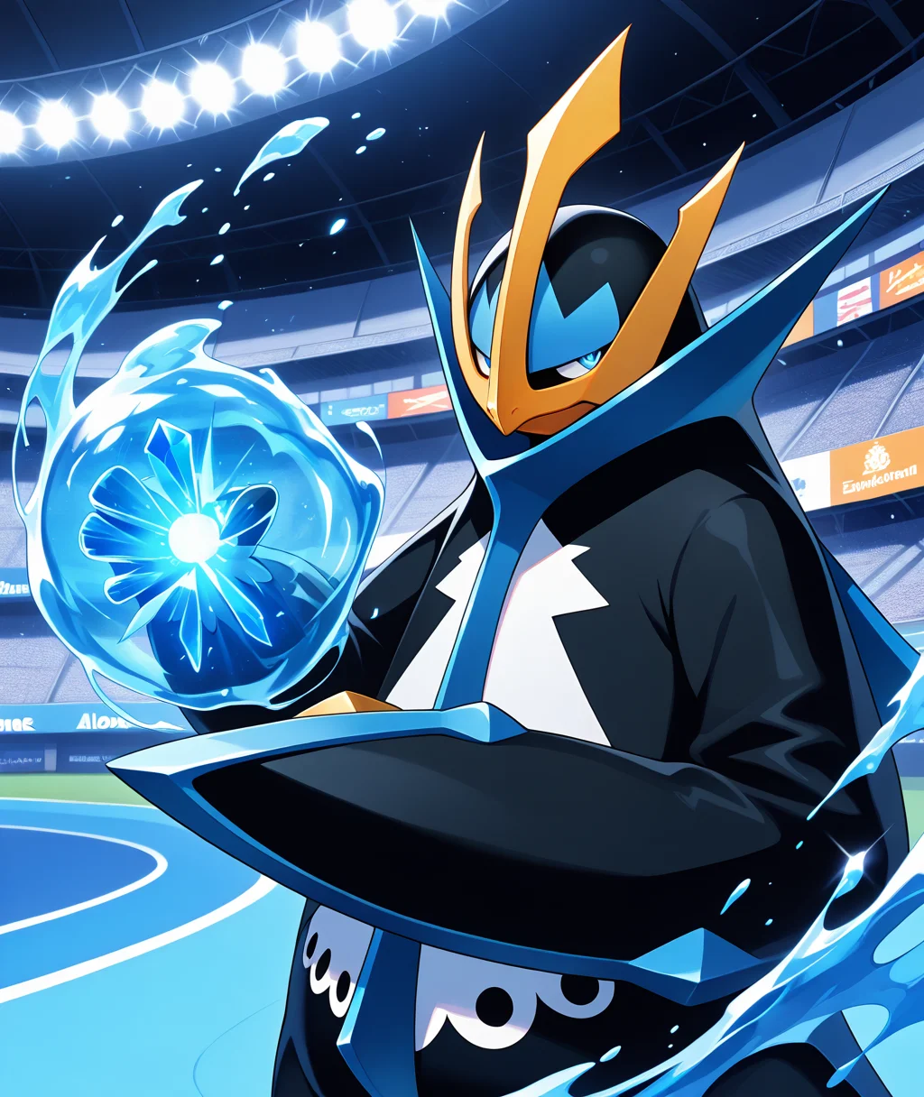 masterpiece, dreamlike atmosphere, vibrant, detailed, absurdres, highres, amazing_quality, best quality, BREAK <lora:empoleon-illus-15:0.9> pempo, 1other, pinguin_boy, (empoleon), (solo, alone), hydrokinesis, fighting stance, stadium, glowing, ice, upper body,