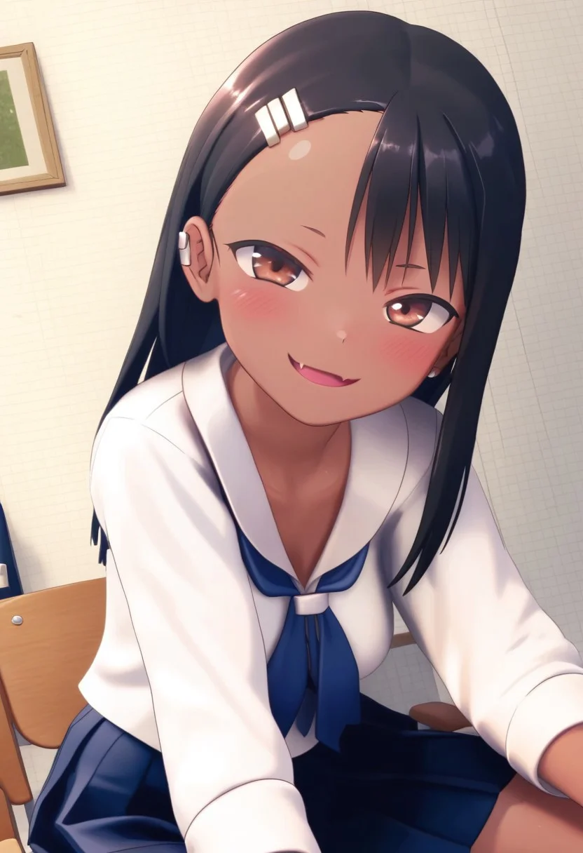 score_9, score_8_up, score_8, medium breasts, (curvy), cute, eyelashes, BREAK, , BREAK, nagatoro hayase, long hair, bangs, black hair, hair ornament, brown eyes, hairclip, fang, dark skin, dark-skinned female, tan, skirt, shirt, school uniform, white shirt, pleated skirt, nail polish, blue skirt, red nails, earclip, <lora:NagatoroHayasePDXL_v1:0.8>,, <lora:CustomUdon_PDXL:1.0>, , BREAK, smile, looking at viewer, cowboy shot, embedding:zPDXL, Expressiveh, <lora:SDXLFaeTastic2400:0.5>, <lora:Expressive_H-000001:0.4>,