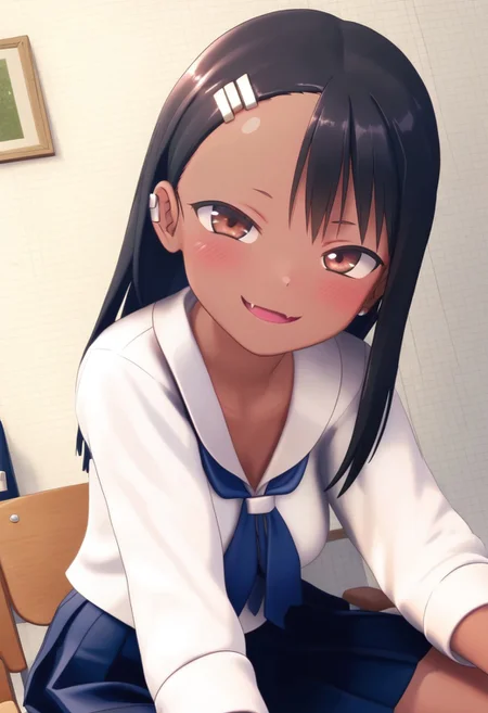 score_9, score_8_up, score_8, medium breasts, (curvy), cute, eyelashes, BREAK, , BREAK, nagatoro hayase, long hair, bangs, black hair, hair ornament, brown eyes, hairclip, fang, dark skin, dark-skinned female, tan, skirt, shirt, school uniform, white shirt, pleated skirt, nail polish, blue skirt, red nails, earclip, <lora:NagatoroHayasePDXL_v1:0.8>,, <lora:CustomUdon_PDXL:1.0>, , BREAK, smile, looking at viewer, cowboy shot, embedding:zPDXL, Expressiveh, <lora:SDXLFaeTastic2400:0.5>, <lora:Expressive_H-000001:0.4>,