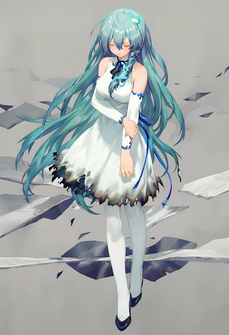 1girl, solo, long hair, dress, white dress, closed eyes, kochiya sanae, detached sleeves, hair ornament, full body, breasts, bare shoulders, sleeveless, torn clothes, standing, black footwear, ribbon, medium breasts, green hair, hair between eyes, closed mouth, sleeveless dress, holding own arm, high heels, frog hair ornament, white pantyhose, alternate costume, hand on own arm, blue hair, hair tubes, long sleeves, very long hair <lora:reiXL_NB11_lokr_V6311P:0.95>