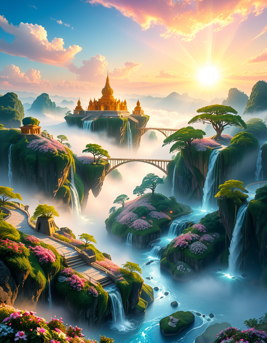 A mesmerizing celestial background featuring an otherworldly paradise. Towering crystalline mountains with peaks that glow softly under a sky painted in shifting hues of iridescent blues, pinks, and golds. Rivers of liquid light flow through vast, open meadows filled with luminescent flowers that pulse with a gentle glow. Gigantic, translucent trees with silver leaves sway in a breeze that carries floating particles of golden dust. Suspended bridges made of shimmering energy connect ancient, floating monoliths engraved with intricate celestial patterns. In the distance, an enormous radiant waterfall cascades into a bottomless, mist-covered abyss, reflecting the surrounding ethereal glow. A tranquil atmosphere, untouched and divine, filled with an overwhelming sense of wonder and serenity.
<lora:SDXLFaeTastic2400:0.4> <lora:extremely_detailed:0.4> extremely detailed, <lora:heavenly_l4ndsc4p3:1>,heavenly l4ndsc4p3, Masterpiece,best quality,hi res,8k,hi res,8k,award winning,(sharp focus, intricate, highly detailed),