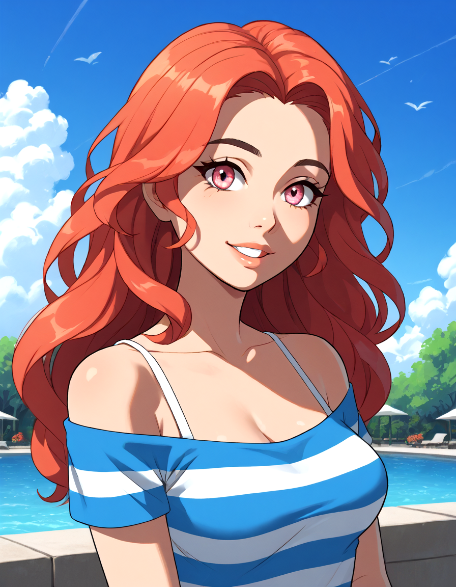 score_9, score_8_up, score_7_up, score_6_up, score_5_up, beautiful detailed portrait, beautiful Chic Young Woman, Oval Body, Chocolate Skin, beautiful detailed Long Face, Coral eyes, Peach Half-Up Half-Down hair, Excited, Sapphire Blue Marble Effect Striped Top, Early Evening, beautiful verdant park, beautiful sky, best quality, ultra-detailed, masterpiece, sharp intricate details