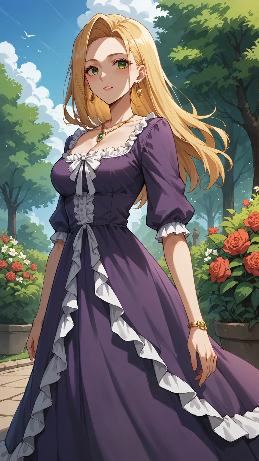 score_9,score_8_up,score_7_up,score_6_up, source_anime, zPDXL3, <lora:xl_more_art-full_v1:0.5>, woman, <lora:Diana Barbatos - Pony-000004:0.8>, purple dress, blonde hair, straight hair, green eyes, gold necklace, earrings, white frills, layered dress, flower garden, hedges, outdoors, park,