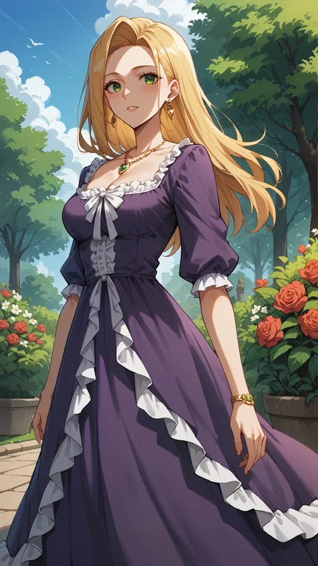 score_9,score_8_up,score_7_up,score_6_up, source_anime, zPDXL3, <lora:xl_more_art-full_v1:0.5>, woman, <lora:Diana Barbatos - Pony-000004:0.8>, purple dress, blonde hair, straight hair, green eyes, gold necklace, earrings, white frills, layered dress, flower garden, hedges, outdoors, park,