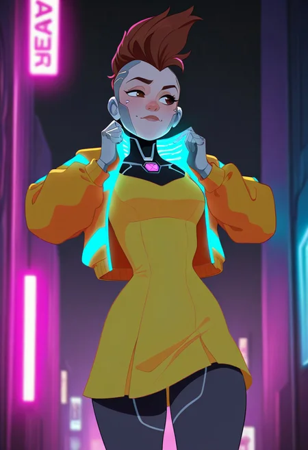 masterpiece, best quality, absurdres, perfect quality, absolutely eye-catching,
android girl, robot girl, silver flesh, human skin face, android, 1girl, brown hair, brown eyes, mohawk, cyberpunk, yellow dress, neon glowing jacket, battery plugged in
City alley, dified, MSMLN,