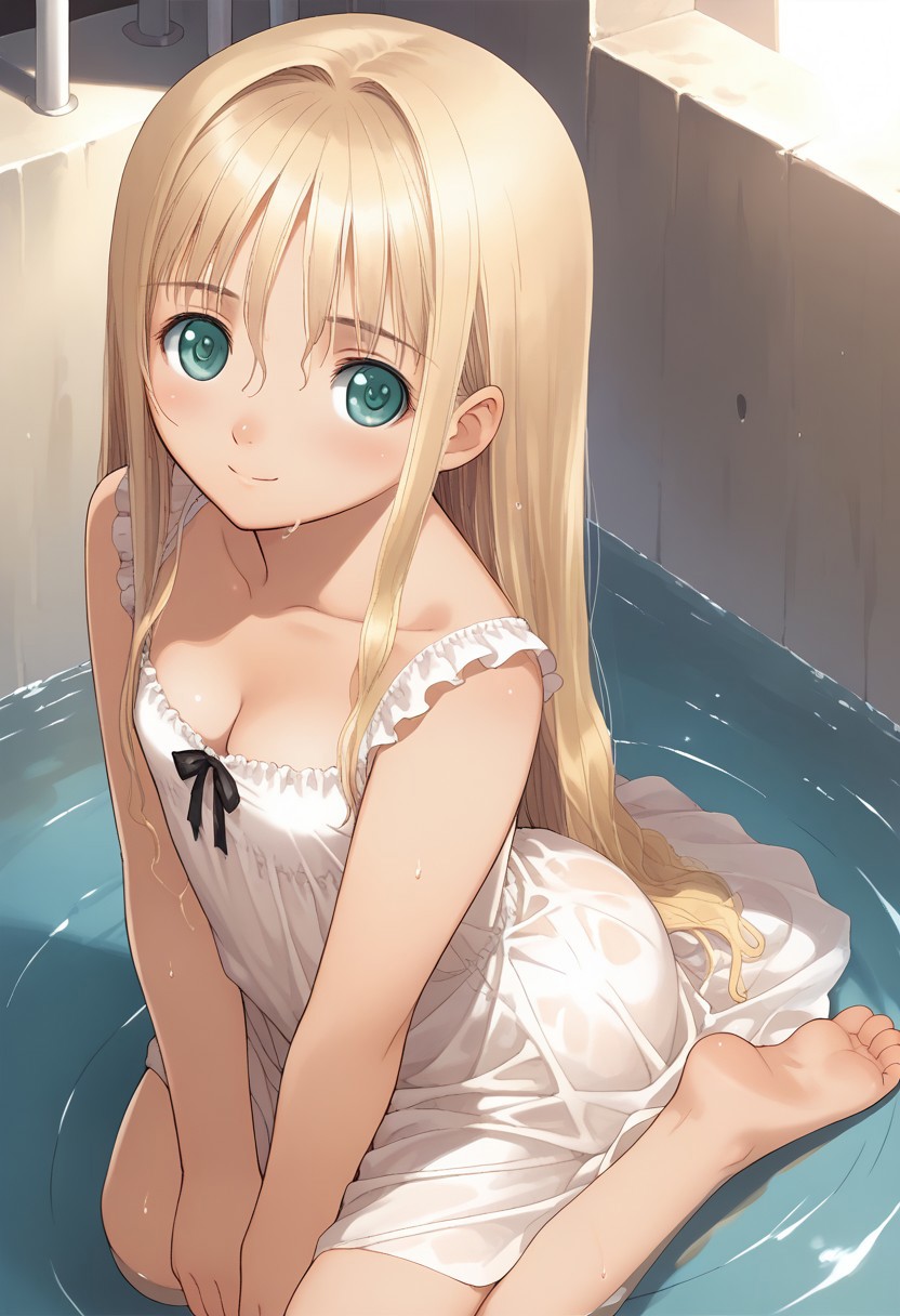 hortensia,score_9,score_8_up,score_7_up,source_anime,best quality,masterpiece,super fine illustration,from_above,1girl,solo,adorable_girl,flat_chest,small_cleavage,smile,shy,very_long_hair,white_long_dress,loose_dress,dungeon_indoors,back,looking_at_viewer,kneeling,feet,toes,focus_on_feet,soles,(wet:1.0),water