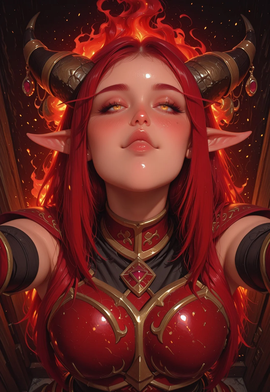 masterpiece, best quality, ultra-detailed, 8k resolution, high dynamic range, absurdres,  ((closeup)), stunningly beautiful, intricate details, sharp focus, detailed eyes, cinematic color grading, high-resolution texture,  partially closed eyes, looking at viewer, reaching towards viewer, ((huge boobs, perky boobs)), (incoming kiss), waiting for kiss, lips, puckered lips, facing viewer, pov, parted lips, cowboy shot, standing, straight-on, blush,  full-face blush, <lora:incoming_kiss_illustrious:0.5>, <lora:incoming-hug-illustriousxl-lora-nochekaiser:1>, incoming hug, looking at viewer, reaching, reaching towards viewer, outstretched arms, smile, blush,  WoWAlekstrasza, skinny face, closed mouth, ((cheekbones)), 1girl, horns, long pointy ears, horn ornament, red hair, lowing long red hair, fiery red strands, glowing ember highlights, silky texture, windblown, intricate hair details, glossy shine, vibrant color, natural waves, magical fiery glow within hair, sparkling ember reflections, sharp focus on hair strands, long hair, yellow eyes, no pupils, cute smile, armored gloves, ((detailed armor, revealing armor, breast armor, golden red armor)),  burning forest, red flames, flame ray, glimmering sparks,