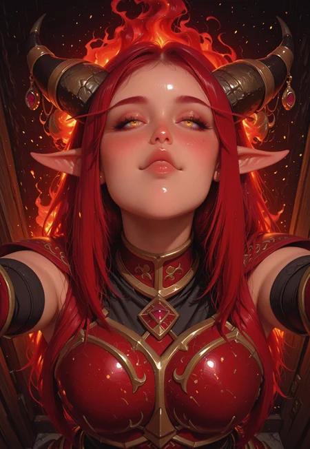 masterpiece, best quality, ultra-detailed, 8k resolution, high dynamic range, absurdres, ((closeup)), stunningly beautiful, intricate details, sharp focus, detailed eyes, cinematic color grading, high-resolution texture, partially closed eyes, looking at viewer, reaching towards viewer, ((huge boobs, perky boobs)), (incoming kiss), waiting for kiss, lips, puckered lips, facing viewer, pov, parted lips, cowboy shot, standing, straight-on, blush, full-face blush, <lora:incoming_kiss_illustrious:0.5>, <lora:incoming-hug-illustriousxl-lora-nochekaiser:1>, incoming hug, looking at viewer, reaching, reaching towards viewer, outstretched arms, smile, blush, WoWAlekstrasza, skinny face, closed mouth, ((cheekbones)), 1girl, horns, long pointy ears, horn ornament, red hair, lowing long red hair, fiery red strands, glowing ember highlights, silky texture, windblown, intricate hair details, glossy shine, vibrant color, natural waves, magical fiery glow within hair, sparkling ember reflections, sharp focus on hair strands, long hair, yellow eyes, no pupils, cute smile, armored gloves, ((detailed armor, revealing armor, breast armor, golden red armor)), burning forest, red flames, flame ray, glimmering sparks,