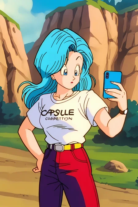 source_anime, score_9, score_8_up, score_7_up, anime screencap, high quality, 8k, absurdres, official style, 
bulma, pre-namek saga, long hair, blue hair, blue eyes, straight hair,
stud earrings, white shirt, short sleeves, watch, wristwatch, yellow belt, jeans, red pants, english text, print shirt, clothes writing,shirt tucked in, cowboy shot, selfie, 
rock, canyon, wind lift, 
 <lora:bulmaDBZ_pony_v2:0.8>