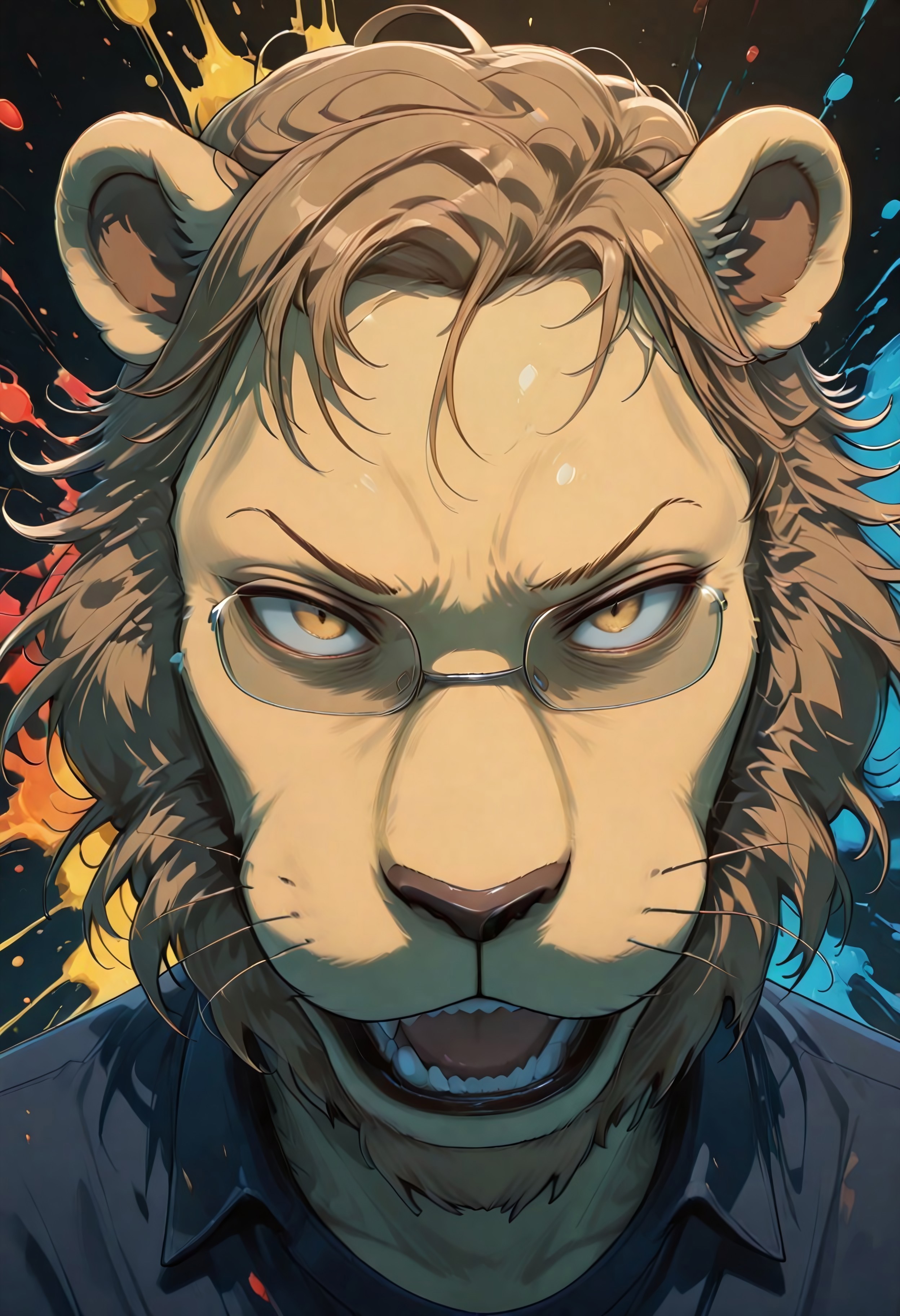 score_9, score_8_up, score_7_up, score_6_up, masterpiece, best quality, amazing quality, colorful, vibrant, very aesthetic, detailed background, absurdres, uhd, 8k, source_furry, Absurd vivid colors, (intense emotion:1.5), (surreal lighting:1.3), (dynamic close-up:1.4), digital painting, cyberpunk, glitch art, surrealism, highly detailed, dramatic contrast, neon hues, art by Beeple, Jedvvd style, Dutch angle, paint splatter background, hatching \(texture\), BREAK, furry, ((solo, 1boy)), Ibuki, mature male, anthro, lion, tan yellow fur, light brown mane, brown hair, short mane, hazel eyes, animal ears, beastars, athletic build, glasses, Anthro lion, half-body, vibrant chaotic colors, intense gaze, insane expression,