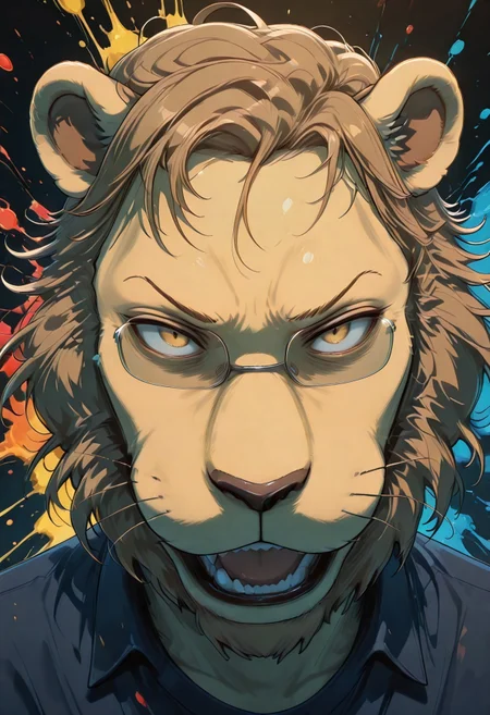 score_9, score_8_up, score_7_up, score_6_up, masterpiece, best quality, amazing quality, colorful, vibrant, very aesthetic, detailed background, absurdres, uhd, 8k, source_furry, Absurd vivid colors, (intense emotion:1.5), (surreal lighting:1.3), (dynamic close-up:1.4), digital painting, cyberpunk, glitch art, surrealism, highly detailed, dramatic contrast, neon hues, art by Beeple, Jedvvd style, Dutch angle, paint splatter background, hatching \(texture\), BREAK, furry, ((solo, 1boy)), Ibuki, mature male, anthro, lion, tan yellow fur, light brown mane, brown hair, short mane, hazel eyes, animal ears, beastars, athletic build, glasses, Anthro lion, half-body, vibrant chaotic colors, intense gaze, insane expression,