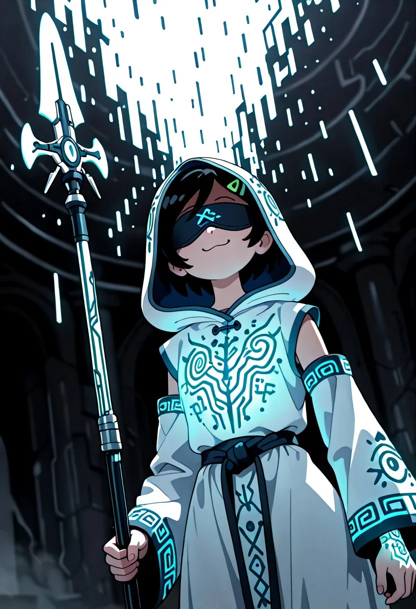 1gril, solo, Marcy, black hair, short hair, hairclip, dynamic angle, cowboy shot, action pose, glowing (circuit tattoo:1.2), robe, detached sleeves, hood up, noble, simulator, blindfold, covered eyes, shaded face, smug, holding polearm, sanctuary, runes, (electricity:0.5), over technology, geometry, white theme, polarized, chromatic aberration, disintegration effect, (abstract expressionism:0.6), fantasy, science fiction, future, ancient, masterpiece, best quality, amazing quality, very aesthetic, absurdres, newest, <lora:circuit_tattoo:1>