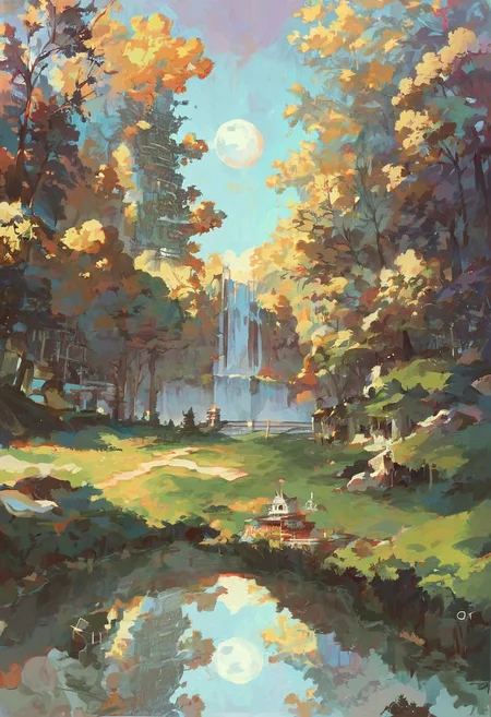 score_9, score_8_up, score_7_up, Anime Style, full moon and its reflection on a river below, Hyperrealism, Photorealism, Kerem Beyit, Documentary photography, Landscape photography, Shingle Style architecture, Forest depth of field, dynamic angle, sharp, hyperdetailed:1.15