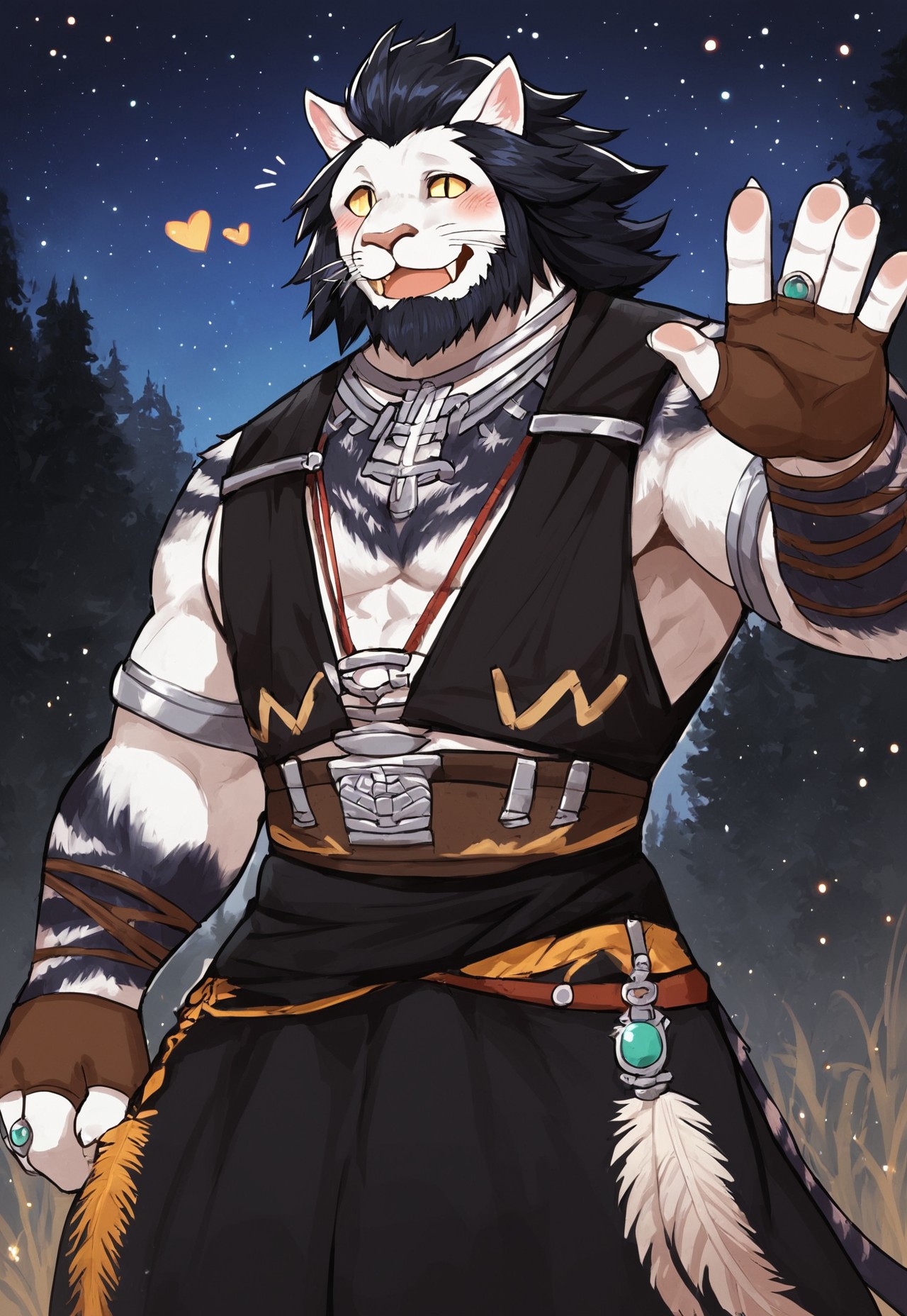 safe_pos, safe_pos, score_9, score_8_up, score_7_up, score_6_up, score_5_up, score_4_up, high quality, high detail, best quality, source:furry, 

1boy, solo, 

Runar, furry, cat, cat ears, animal ears, yellow eyes, whiskers, fangs, beard, facial hair, black hair, long hair, white fur, two-tone fur, claws, tail, RunarOutfit, necklace, jewelry, black vest, belt, fingerless gloves, ring, long skirt, feathers, feet out of frame, 

happy, smile, blush, <3, waving, looking at viewer,

outdoors, forest, night, stars in sky, stars (sky)