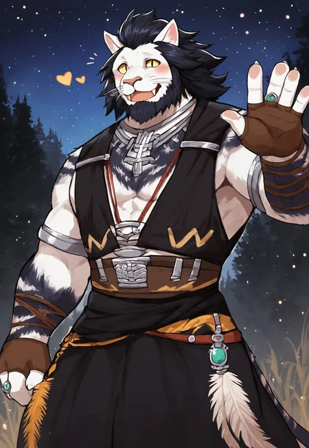 safe_pos, safe_pos, score_9, score_8_up, score_7_up, score_6_up, score_5_up, score_4_up, high quality, high detail, best quality, source:furry,
1boy, solo,
Runar, furry, cat, cat ears, animal ears, yellow eyes, whiskers, fangs, beard, facial hair, black hair, long hair, white fur, two-tone fur, claws, tail, RunarOutfit, necklace, jewelry, black vest, belt, fingerless gloves, ring, long skirt, feathers, feet out of frame,
happy, smile, blush, <3, waving, looking at viewer,
outdoors, forest, night, stars in sky, stars (sky)