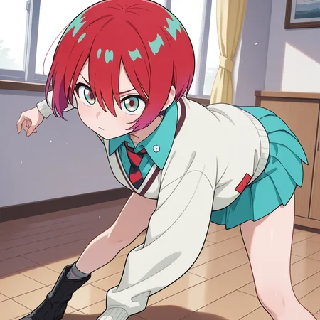 amate yuzuriha,1girl,solo,
amate yuzuriha,
red hair,multicolored hair,short hair,aqua eyes,multicolored eyes,
aqua shirt,striped necktie,white sweater,aqua skirt,grey socks,black boots,
indoors,dynamic pose,
masterpiece,best quality,amazing quality,very aesthetic,absurdres,