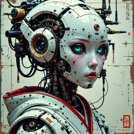 (geisha::1.9) (android robot face::2.2),white ceramic material,many mechanical details,seams, scuffing, rust,(camera lenses instead of pupils:1.5) (traditional intricate japan clothes:1.5)
(style by Yuri Shwedoff),shallow depth of field, vignette, (Fujicolor Superia X-TRA 400) distressed graphic illustration gritty
<lora:ck-nc-pastel-cyberpunk:1> A digital artwork in the style of cknc,