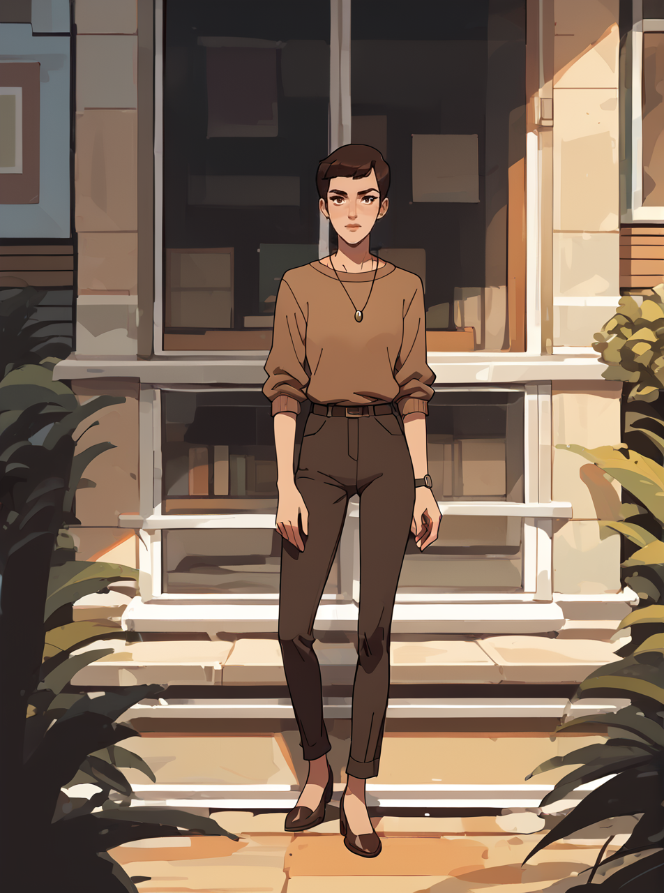 score_9, score_8_up, score_7_up, 1girl,short hair, cartoon, western animation, looking at viewer, flat colors, outline, full body, <lora:ellenkpxl:1>, ellenkpxl,  brown hair, brown sweater, necklace, 2d, office, pants,best quality,