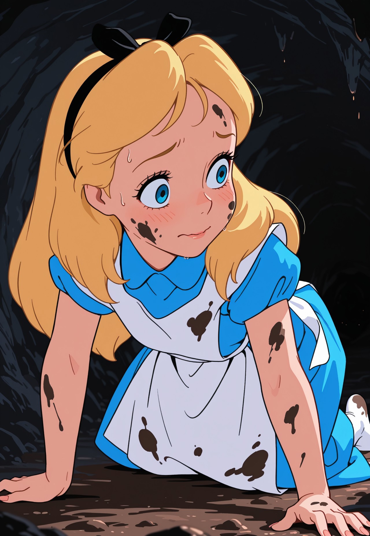masterpiece, good quality, high quality, best quality, amazing quality, very aesthetic, very awa, very as2, highres, absurdres, flat color, retro artstyle, alicexd, 1girl, solo, blonde hair, long hair, hairbow, blue eyes, nervous, blue dress, white apron, bow, white tights, crawling, all fours, tunnel, underground, cave, dirty, dirty face, dirty clothes, mud, close-up, foreshortening, depth of field, out of frame, fingernails