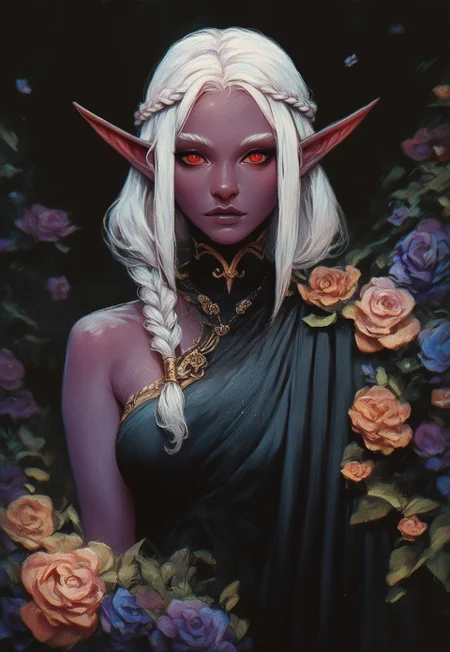 score_9, score_8_up, score_7_up, score_6_up, ncpy13 style, pastels drawing, dark elf woman, purple skin, red eyes, elf ears, white hair in a long braid over one shoulder, wearing a long black dress with gold and purple embroidery