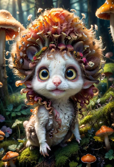 Mix the mushrooms, mouse and curly fur to create adorable magical creature with big glowing eyes, masterpiece, Surrealism, close-up, macro photo, f/1.2, backlighting, Albert Edelfelt, multicolored hair