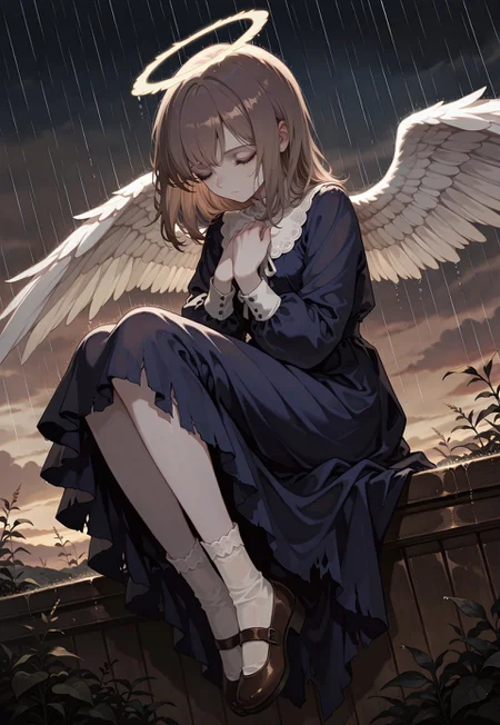 solo, ethereal, portrait, detailed, contemplative,
sky, rain,
closed eyes, hands on own chest, fluttering clothes, fluttering hair, meek,
girl1, angel, very pale, brown medium hair, blue eyes, dark purple dress, torn dress, brown shoes, white socks, mary_jane shoes,
(748cmstyle:1.3)
masterpiece,best quality,amazing quality, detailed,