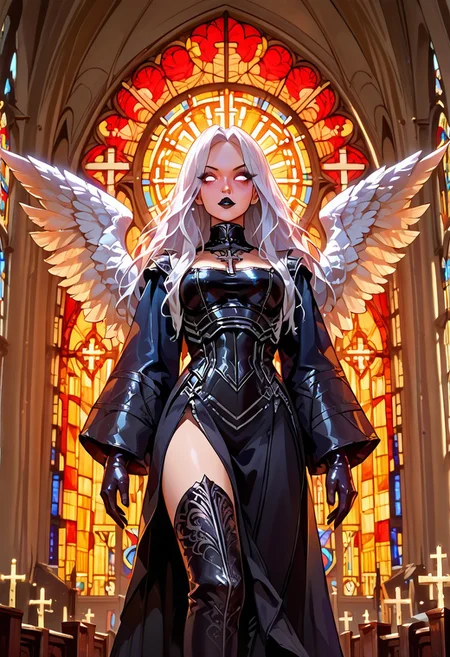 score_9, score_8_up, score_7_up, source_anime,1girl, long hair,wings,white hair,feathered wings,breasts,thighhighs,angel wings,angel,avacyn,black lipstick,church,cathedral,stained glass window,gloves,g0th1c, glowing, neon lights, glowing eyes,AVACYN