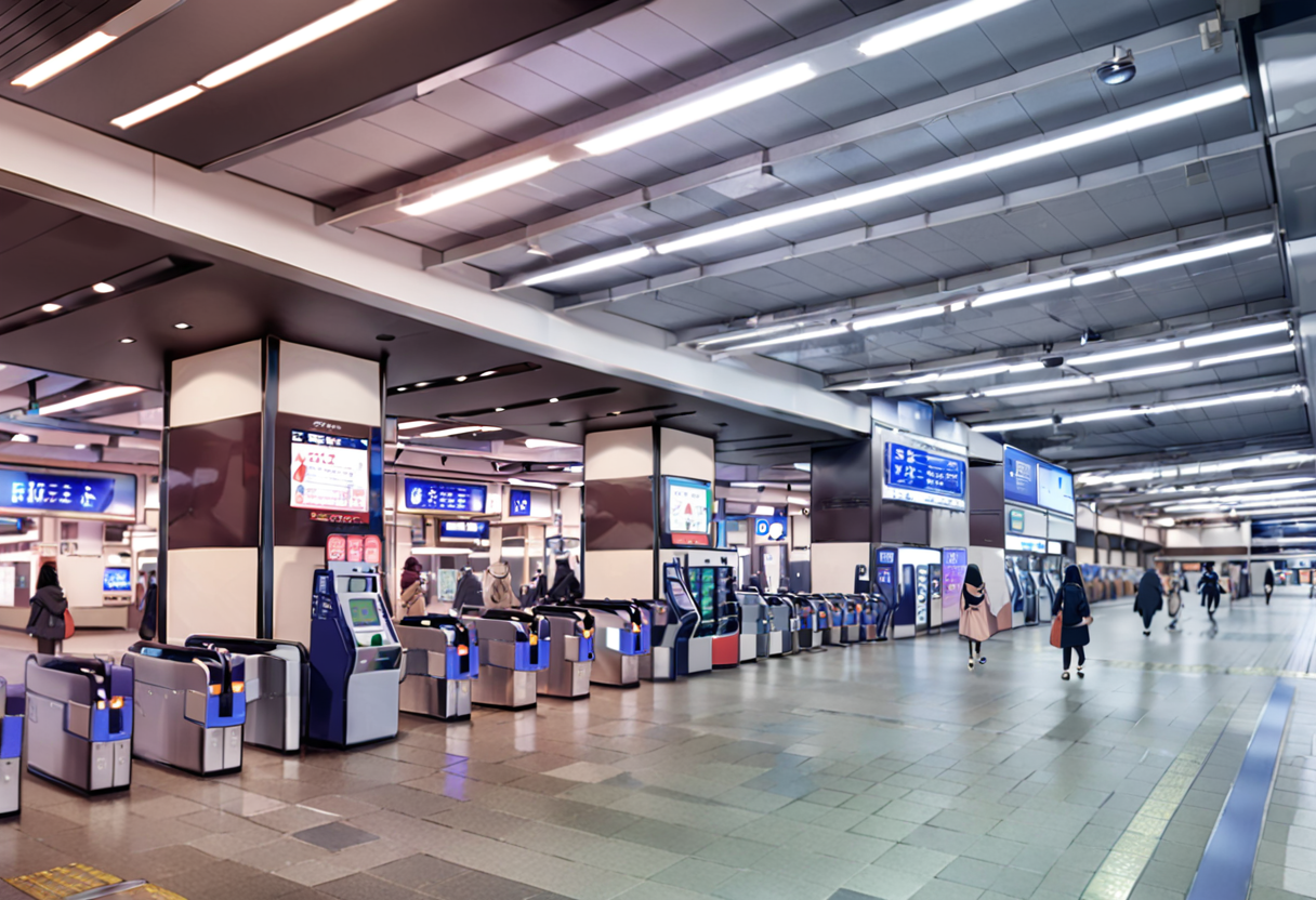 masterpiece, best quality, very aesthetic, absurdres,
umeda3F, automatic ticket gate, scenery, indoors, tile floor, train station, ceiling light, tiles, night, luggage, ceiling
 <lora:umeda_st_3F_SDXL_V1:1>