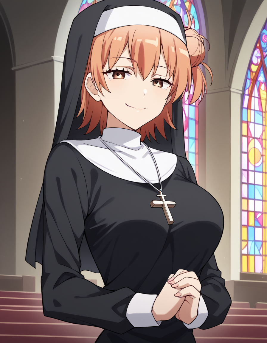 score_9, score_8_up, score_7_up, source_anime, <lora:yui-yuigahama-s2s3-ponyxl-lora-nochekaiser:1>, yui yuigahama, short hair, brown eyes, orange hair, hair bun, single hair bun, large breasts,, <lora:traditional-nun-ponyxl-lora-nochekaiser:1>, traditional nun, nun, habit, long sleeves, dress, black dress, jewelry, black veil, cross, cross necklace,, church, smug, praying,, cowboy shot