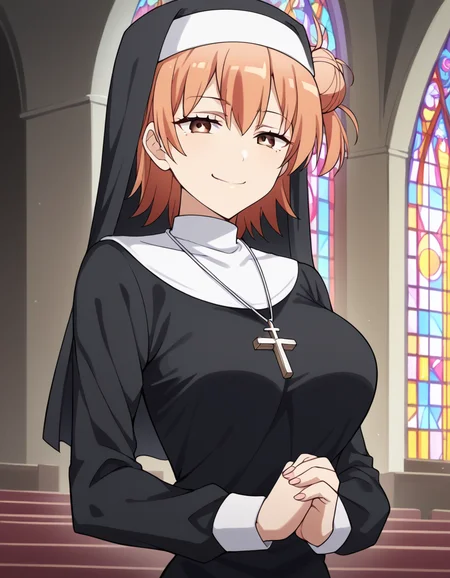 score_9, score_8_up, score_7_up, source_anime, <lora:yui-yuigahama-s2s3-ponyxl-lora-nochekaiser:1>, yui yuigahama, short hair, brown eyes, orange hair, hair bun, single hair bun, large breasts,, <lora:traditional-nun-ponyxl-lora-nochekaiser:1>, traditional nun, nun, habit, long sleeves, dress, black dress, jewelry, black veil, cross, cross necklace,, church, smug, praying,, cowboy shot