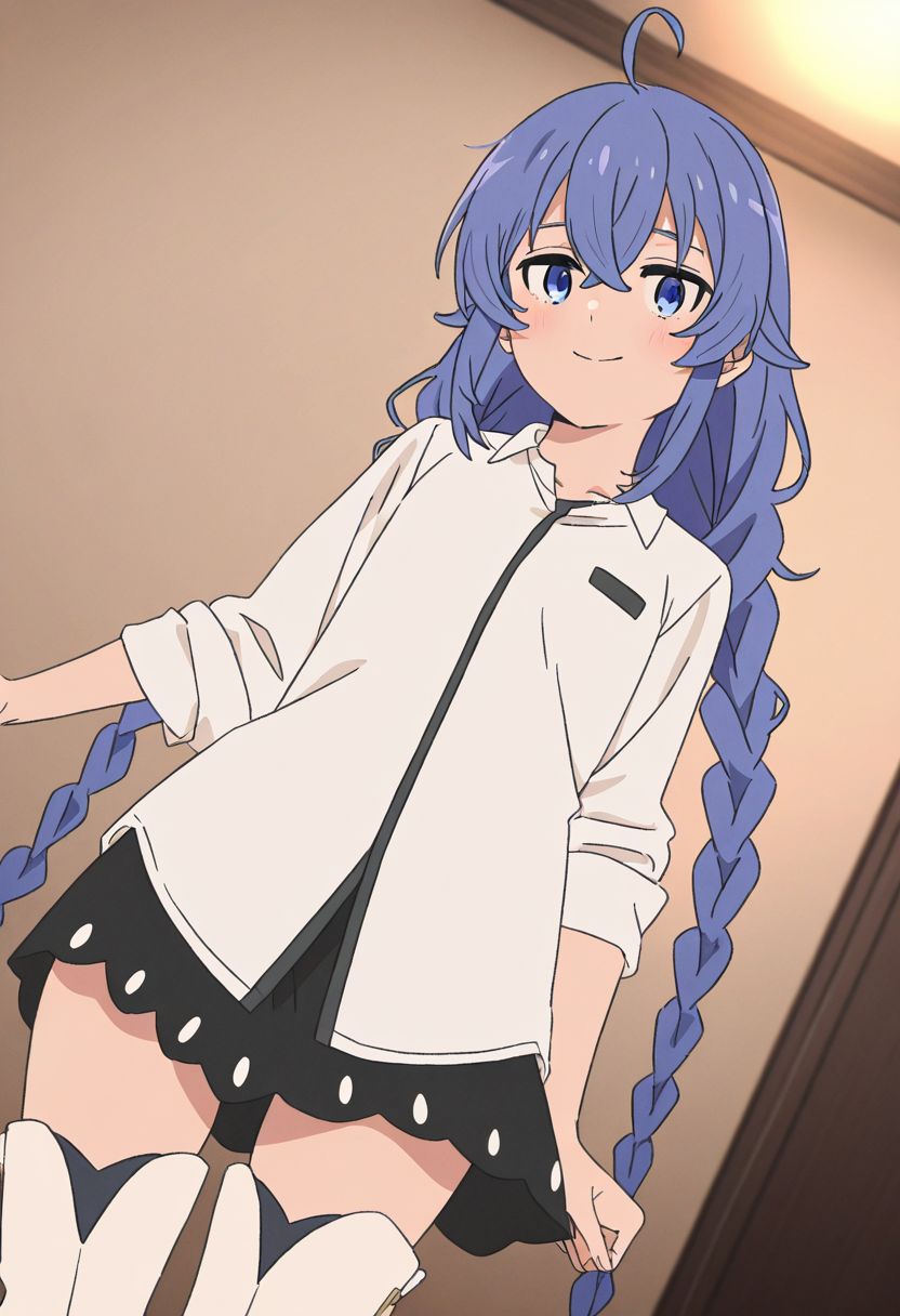 masterpiece, best quality, newest, absurdres, highres, detailed eyes, beautiful, detailed background, perfect eyes, anime coloring, 1girl, solo, petite, roxy migurdia, blue hair, long hair, twin braids, hair between eyes, ahoge, blue eyes, small breasts, RoxyCozy, white shirt, long shirt, sleeves rolled up, untucked shirt, black skirt, white thigh boots, dutch angle, cowboy shot, looking at viewer, smile, (indoors, living room), <lora:roxy_mskt_xl:0.8>