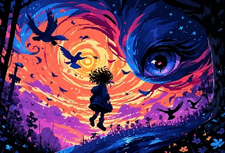 score_9, score_8_up, score_7_up, score_6_up,score_5_up,score_4_up, source_anime,
cosmic, floating hair, floating clothes, motion blur, wind, wind lift, falling leaves, bird,
<lora:StS_detail_slider_v1:-2> <lora:d3p1x3lXLP:0.9> d3p1x3l, pixel art, <lora:cr33pXLP:1> cr33p, <lora:rain-style:0.25>