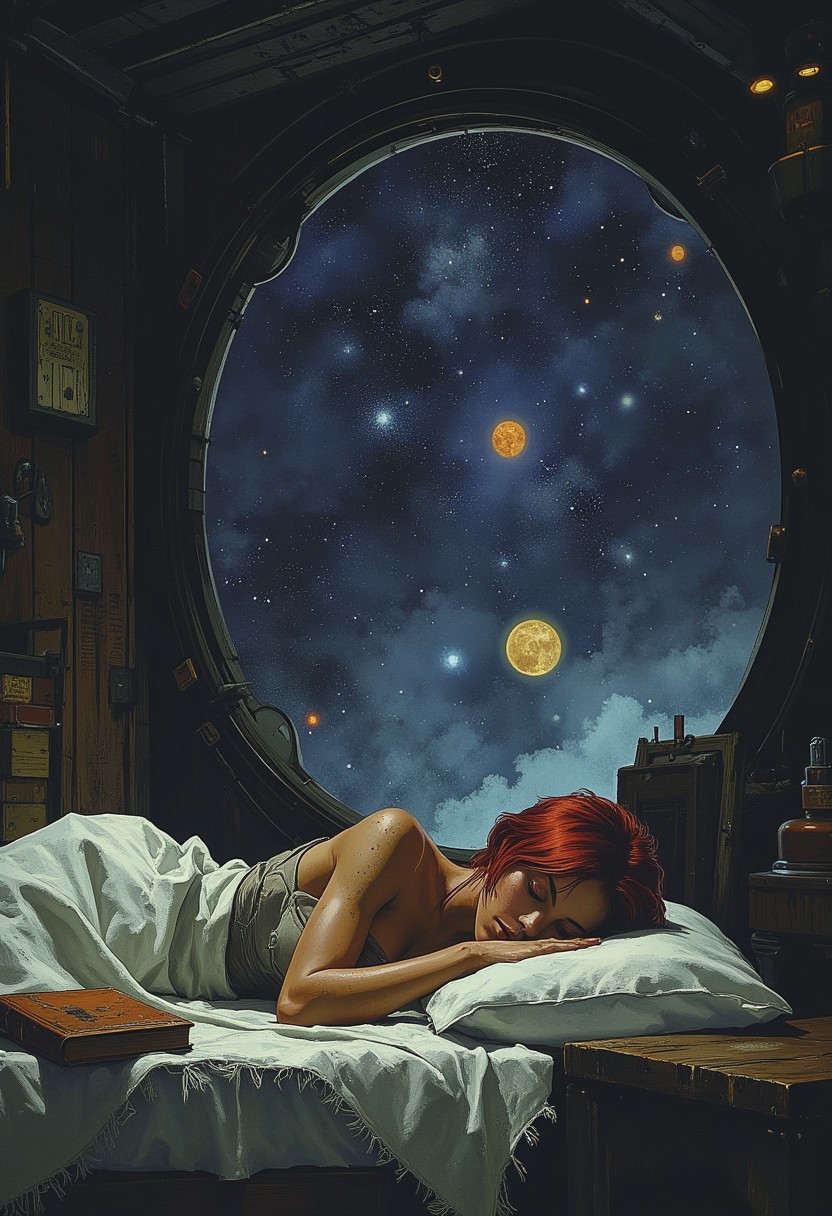 ArsMJStyle, dnddarkestfantasy, a woman sleeping in a bed on a spaceship, she is sleeping on her stomach, a book rest on the pillow near her face, she has short red hair, and is partially covered by a white woolen blanket, a porthole is near her bed, an planet and three moons can be seen amongst the stars