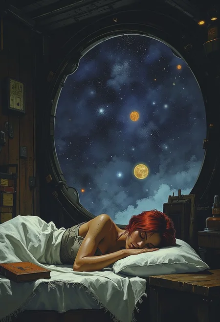 ArsMJStyle, dnddarkestfantasy, a woman sleeping in a bed on a spaceship, she is sleeping on her stomach, a book rest on the pillow near her face, she has short red hair, and is partially covered by a white woolen blanket, a porthole is near her bed, an planet and three moons can be seen amongst the stars