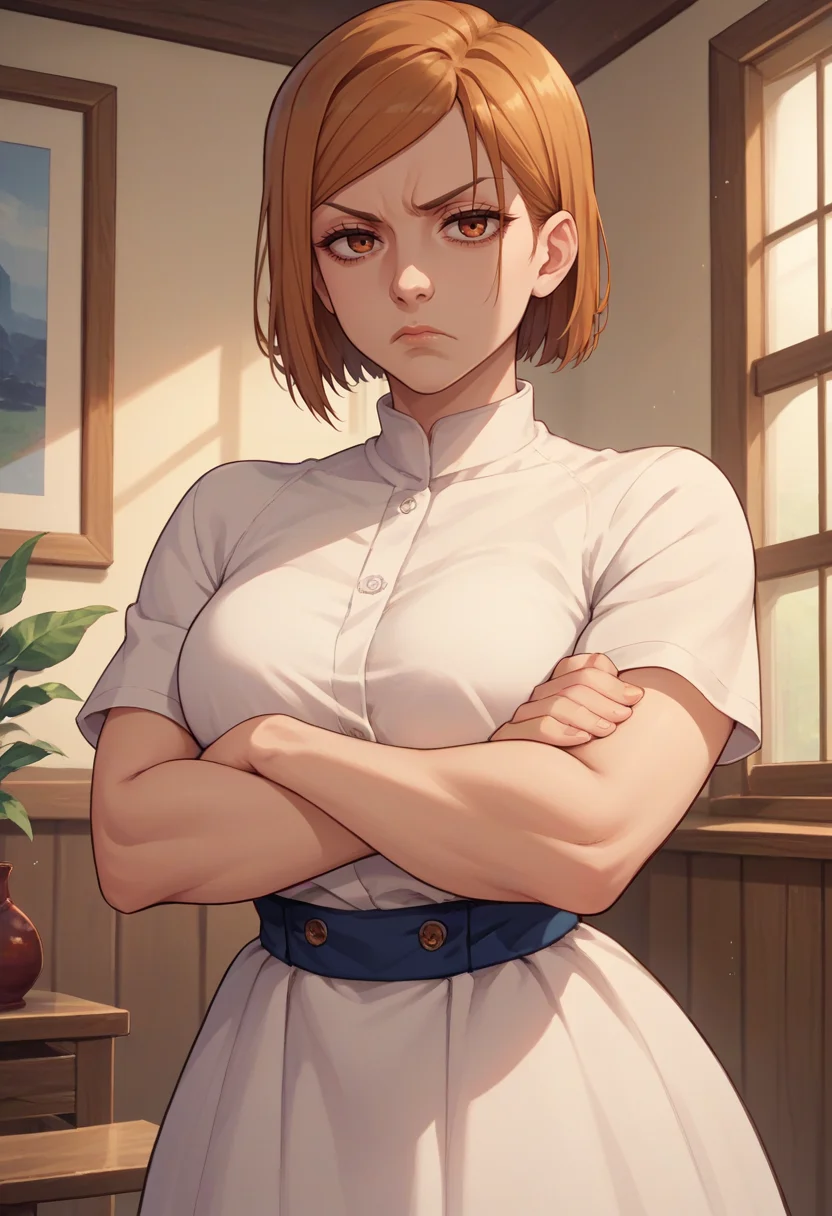 score_9, score_8_up, score_7_up, source_anime, solo, 1girl, kugisaki nobara, unamused, looking at viewer, crossed arms, white dress, short sleeves, indoors <lora:jjk_kugisaki_ponyXL:1>