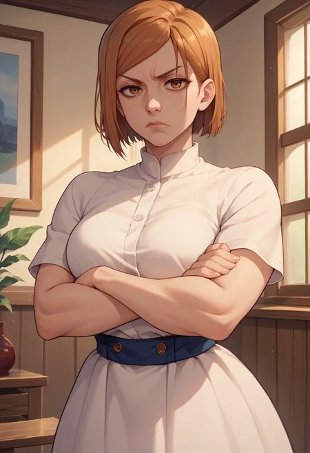 score_9, score_8_up, score_7_up, source_anime, solo, 1girl, kugisaki nobara, unamused, looking at viewer, crossed arms, white dress, short sleeves, indoors <lora:jjk_kugisaki_ponyXL:1>