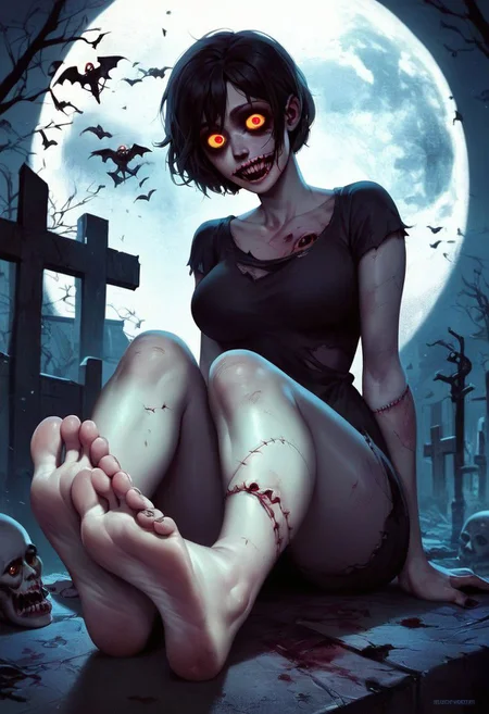 score_9, score_8_up, score_7_up, score_6_up, score_5_up, score_4_up,source_anime, 2d anime, zombie, zombie woman, zombie slut, sexy zombie, motion, erotic, porn, horror, dead eyes,, graveyard, night, full moon, sitting, showing feet, perfect feet, perfect soles,