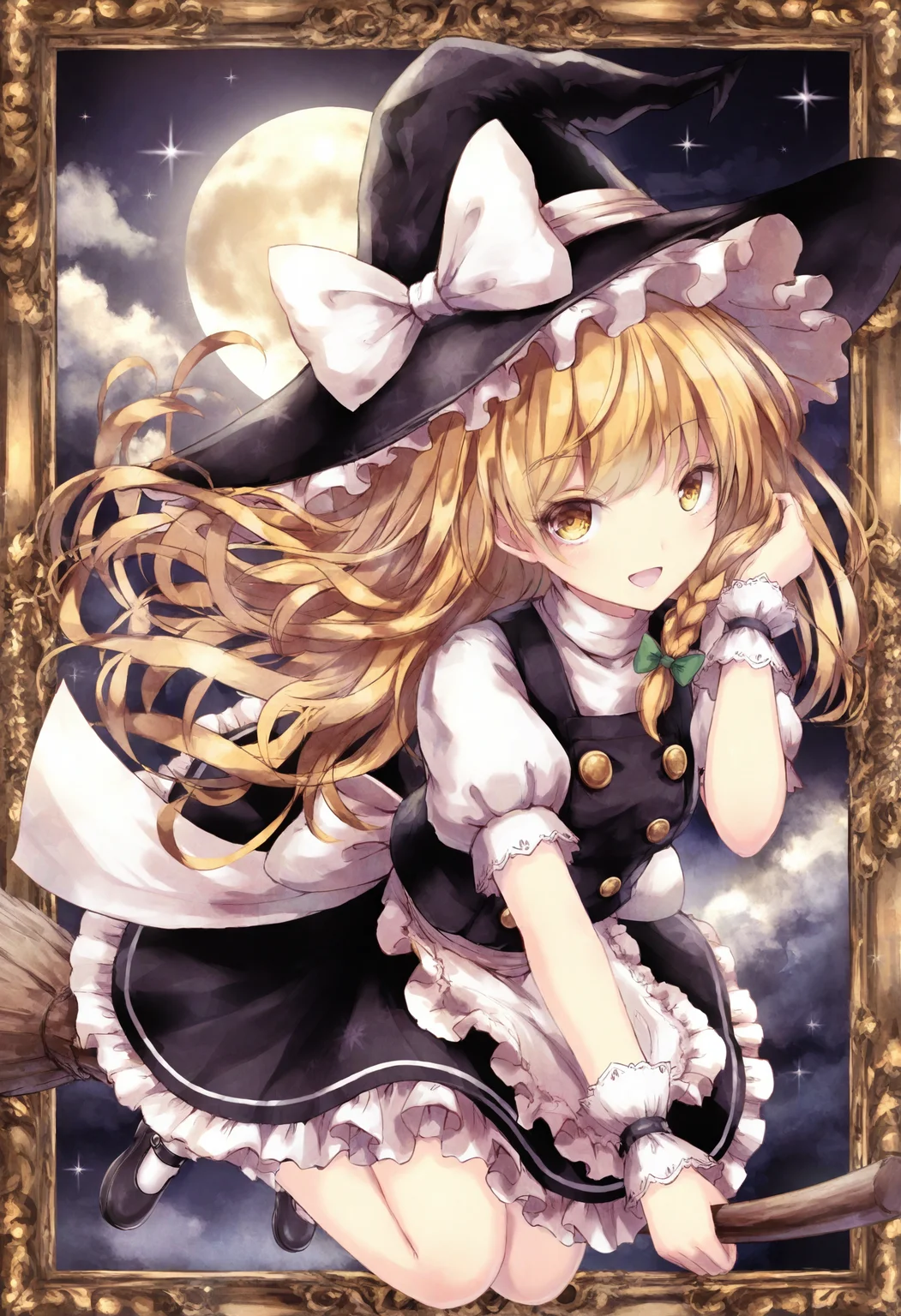 <lora:miss1_noob1.1-000184:1>,
1girl, kirisame marisa, solo, blonde hair, witch hat, black footwear, broom, white socks, long hair, hat, short sleeves, bow, white shirt, socks, vest, black vest, open mouth, black headwear, puffy sleeves, shirt, broom riding, skirt, yellow eyes, shoes, puffy short sleeves, black skirt, hat bow, moon, mary janes, sky, hair bow, single braid, cloud, braid, frills, white bow, star \(symbol\), floating hair, apron, night, full body, border, wrist cuffs, green bow, white apron, waist apron, frilled skirt, full moon, looking at viewer, buttons, night sky, smile, skirt set, hand up, very long hair, hand in own hair,
masterpiece,best quality,newest,absurdres,highres,very awa,
