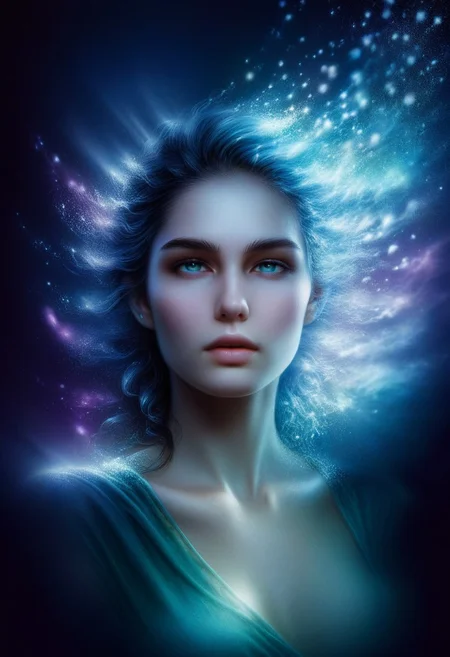A digital painting depicting an ethereal female character with pointed elfin ears, viewed from a slightly elevated angle to the right. The character has a serene expression with closed eyes, lips gently parted, and illuminated by glowing, ethereal light streams in shades of electric blue, aquamarine, teal, and white. Her hair blends seamlessly into flowing, luminous energy waves that swirl around her head and shoulders, creating a sense of motion and otherworldliness. These swirling energy fields and neon-colored particles are intertwined with translucent liquid-like formations, adding depth and dimension to the composition. The character's skin appears smooth and pale, with subtle highlights enhancing her facial features. Small, sparkling emerald green and lavender orbs adorn her face and shoulders, reflecting the surrounding light. The background is dark and indistinct, enhancing the focus on the luminous figure. Softly glowing wisps of vapor or energy flow dynamically throughout the scene, contributing to the mystical atmosphere. The overall color palette includes deep navy blues, vibrant purples, soft whites, and various iridescent hues, with high contrast between the bright luminous elements and the darker surroundings. This striking composition evokes a sense of fantasy and tranquility, blending dreamlike and supernatural elements in a captivating digital artwork.