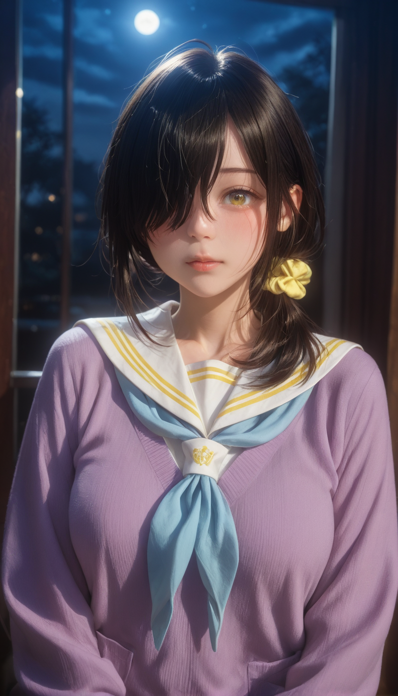 <lora:LCMTurboMix_Euler_A_fix:1> <lora:example_SDXL:0.3>, EZRealPONYXL, <lora:Dramatic Lighting Slider:3> <lora:realistic filter [IL]:1>
DSLR,realistic,cosplay photo, (very awa,masterpiece,best quality,year 2024,newest,absurdres,highres:1), realistic,skin texture,facial features, photography shot with Canon EOS 5D Mark IV , realistic, RAW, best quality, masterpiece, amazing quality, skin details,
highly detailed beautiful face, large natural breasts,
detailed background, shiny skin, dutch angle, night, moonlight,
beautiful detailed eyes, intricate details, absurdres,
artist: onono imoko, artist: taesi,
newest, masterpiece, best quality, 4k,ultra detail, 
indoors, very aesthetic, detailed background, face focus, 
1girl, solo,  <lora:Kotono Shiunji:1> k0tono, black hair, long hair, hair over one eye, yellow eyes, hair scrunchie, blush,school uniform, serafuku, white sailor collar,purple sweater, blue neckerchief,