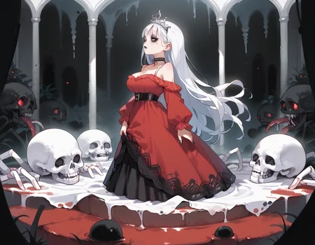 (score_9,score_8_up,score_7_up:1), 1girl, full body, view from side, horror, darkness, internal glow, radiant skeleton, seductive, (goth, (black lipstick, black mascara, black eyeshadow)), (milf), white hair, very long hair, choker, eyeshadow)) (pale oiled skin), large breasts, perky, <lora:breasts++-PD-swooping-1.0:1> swooping breasts , (parkour), haze shower, (<lora:zavy-cntrst-sdxl:1> chiaroscuro, low-key, horror), ( bare shoulders, black/red dress, off-shoulder dress, lace dress, long sleeves, tiara, crown), <lora:Lilandava_PDXL-style:1> lilandavastyle, <lora:add-detail-xl:1>