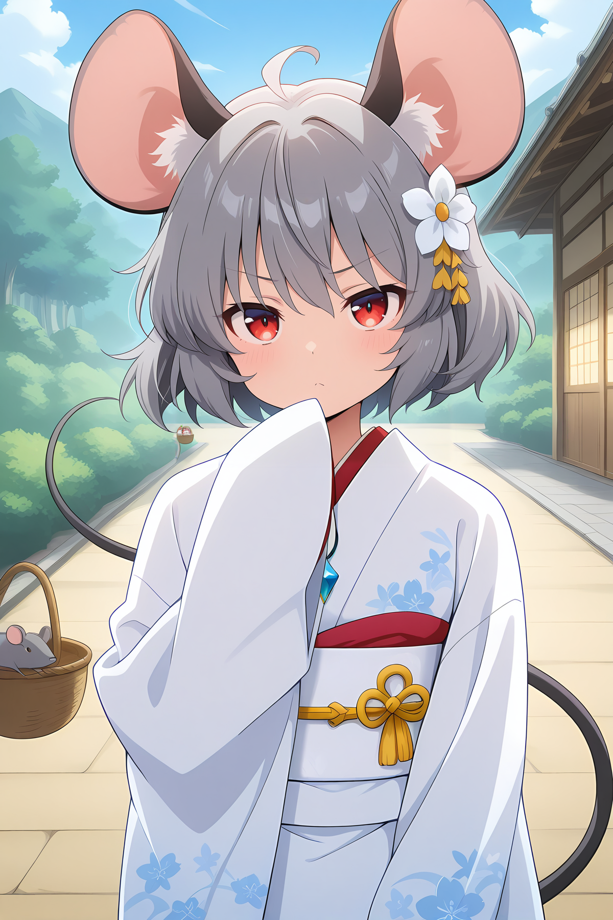 absurdres, highres, masterpiece, best quality, amazing quality, official anime artwork, screencap, anime screencap, outdoors, looking at viewer, 
<lora:Nazrin_illustrious:1> nazrin, 1girl, solo, red eyes, grey hair, short hair, mouse ears, mouse tail,, nazrin, ahoge, alternate costume, hair flower, hair ornament, japanese clothes, kimono, obi, obijime, pendant, white kimono, white sash, wide sleeves, sleeves past fingers, sleeves past wrists, holding with tail, basket, white flower,
covering chin, serious, :C,