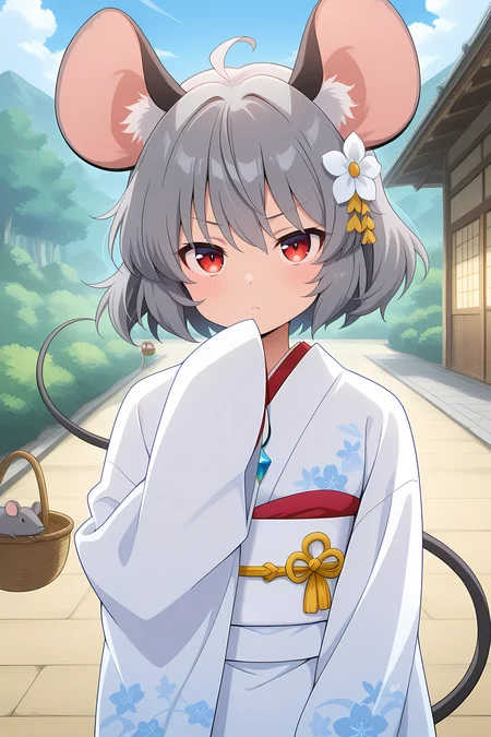 absurdres, highres, masterpiece, best quality, amazing quality, official anime artwork, screencap, anime screencap, outdoors, looking at viewer,
<lora:Nazrin_illustrious:1> nazrin, 1girl, solo, red eyes, grey hair, short hair, mouse ears, mouse tail,, nazrin, ahoge, alternate costume, hair flower, hair ornament, japanese clothes, kimono, obi, obijime, pendant, white kimono, white sash, wide sleeves, sleeves past fingers, sleeves past wrists, holding with tail, basket, white flower,
covering chin, serious, :C,