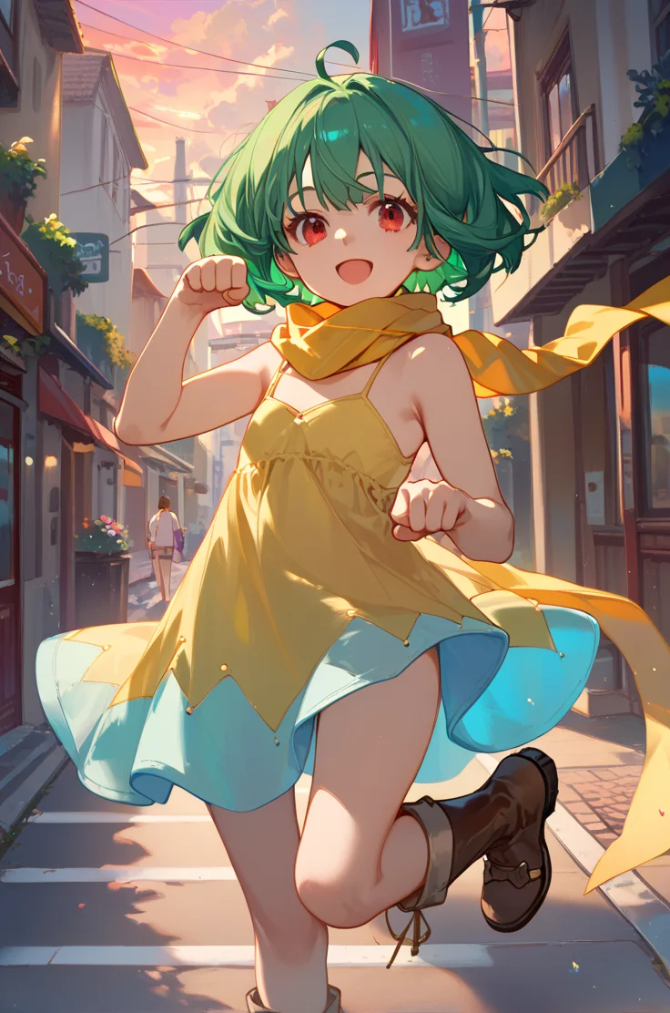 score_9, score_8_up, score_7_up, very aesthetic, source_anime, detailed,
street, sunset,
cowboy shot, open smile, looking at viewer,
paw pose, stand in one leg,
1girl, flat chest, petite female,
<lora:rankaDress_autismConfetti_v04:0.99>ranka lee, green hair, red eyes, short hair, ahoge,
yellow dress, sleeveless, bare shoulders, yellow scarf, brown boots, ahoge, zPDXL